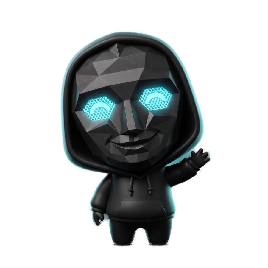 The Masked Founder mascot: a chibi figure in a black hood wearing a matte low-poly faceted mask with glowing cyan mesh eyes, waving hello
