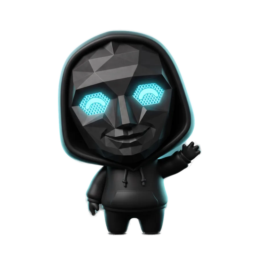 The Masked Founder mascot: a chibi figure in a black hood wearing a matte low-poly faceted mask with glowing cyan mesh eyes, waving hello